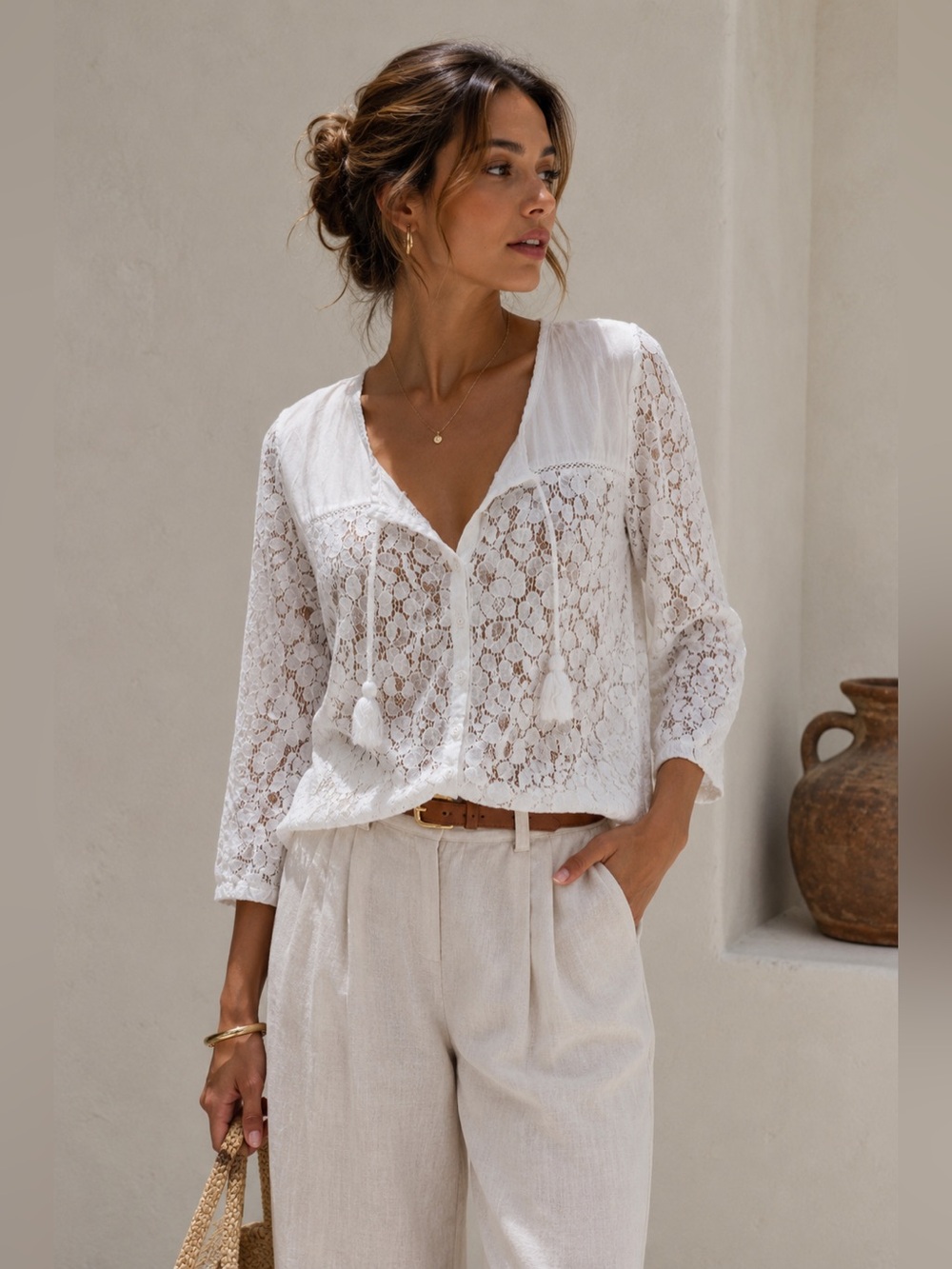 Aeropostale White Lace Button-Front Blouse with Tassel Ties